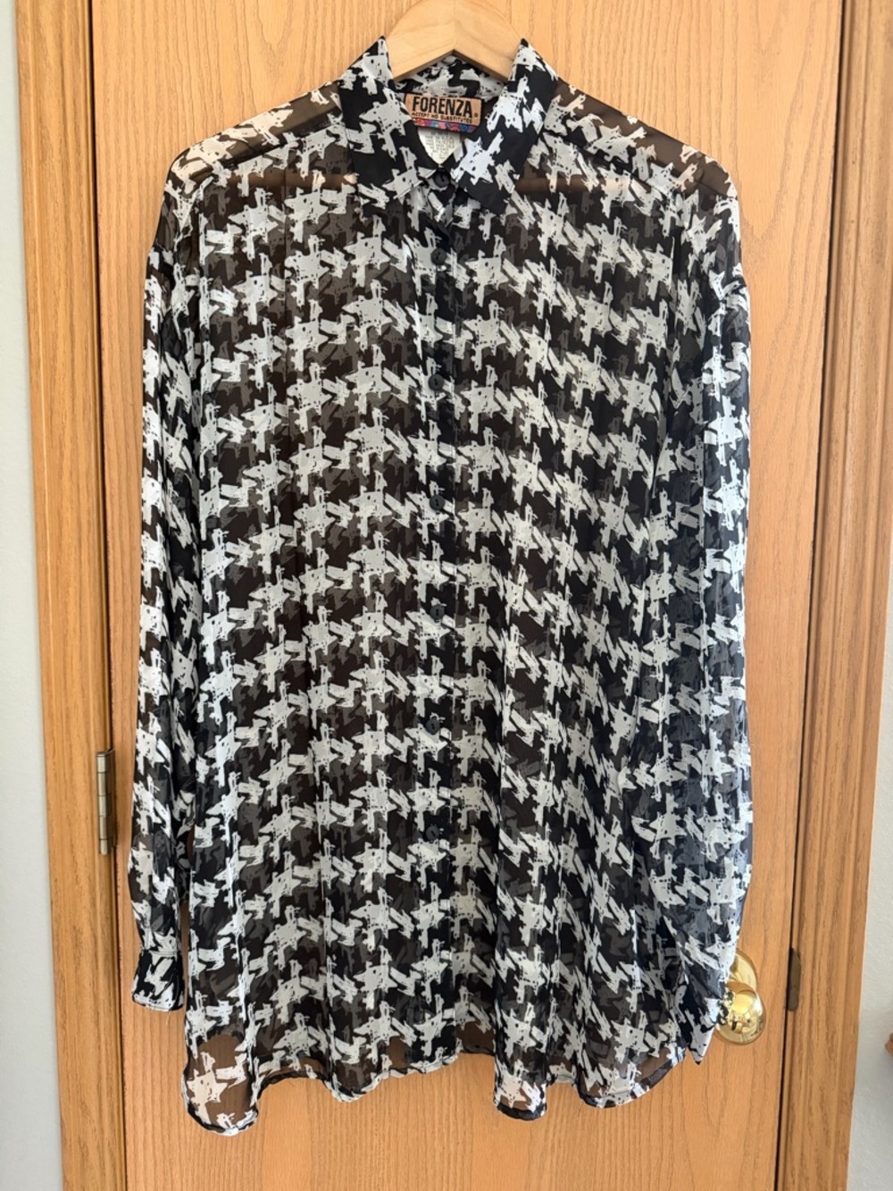 Vintage Forenza Black & White Houndstooth Sheer Button-Up Blouse Women’s Size L